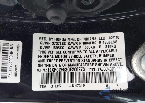 2016 Honda Civic Lx z USA, uszkodzony, nr VIN 19XFC2F53GE208973